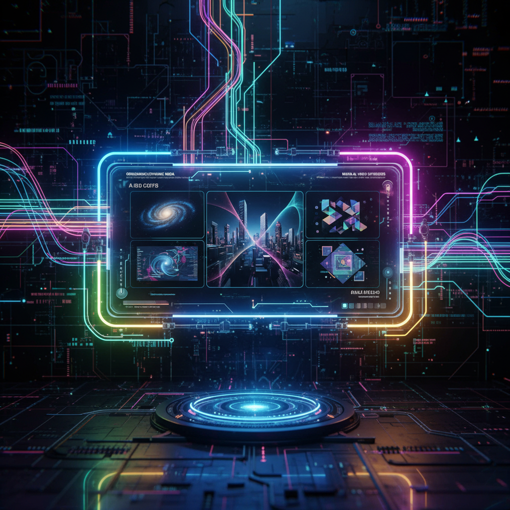 Futuristic AI interface showcasing text-to-video AI for YouTube automation, abstract glowing lines, dark tech background, neon lighting