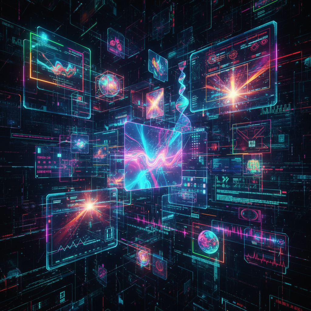 Futuristic AI interface showcasing top AI text-to-video tools, glowing video clips, and data streams for faceless channels.