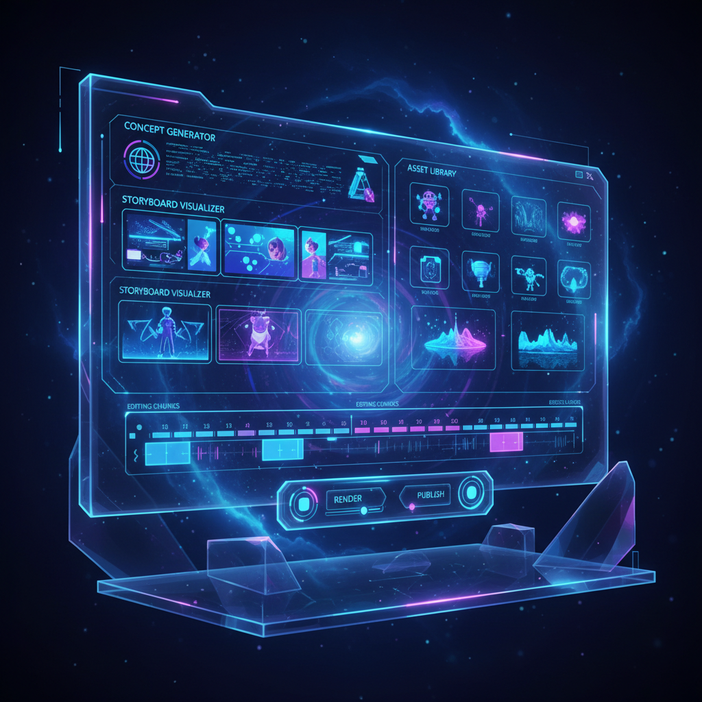 Futuristic AI interface showcasing top platforms for creating faceless videos in 2026, digital art style