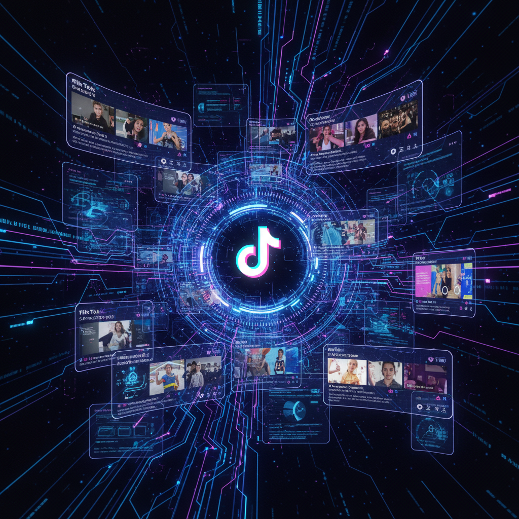 Futuristic AI interface showcasing viral TikTok content, symbolizing AI tools for faceless TikTok automation.