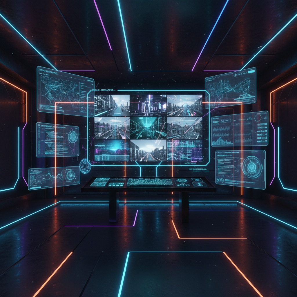 Futuristic AI interface summarizing video content, showing abstract glowing data streams, representing AI-powered content summarization for videos.