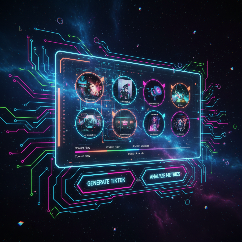 Futuristic AI interface visualizing automated TikTok content for faceless automation, glowing circuits, dark background, digital art style.