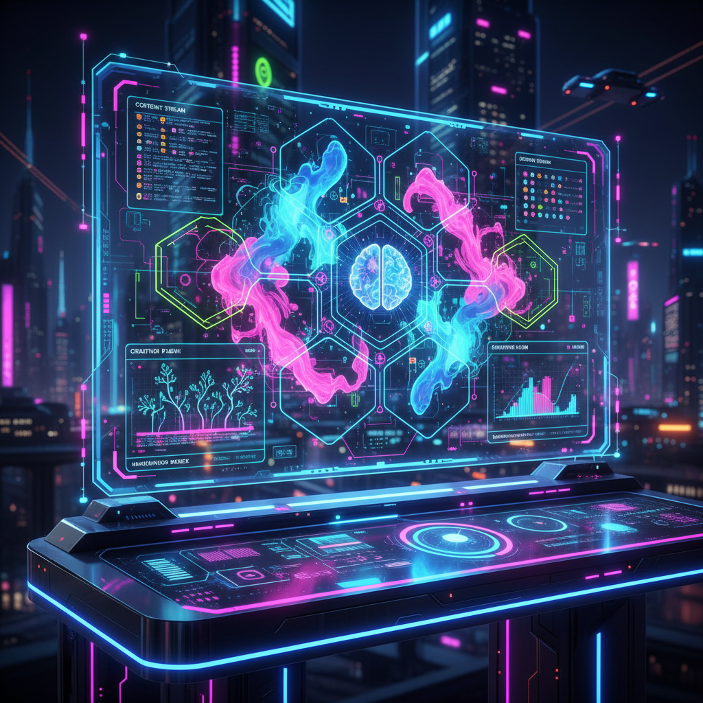 Futuristic AI interface visualizing creative content flow, showcasing abstract shapes for best AI for creating faceless reels, digital art style