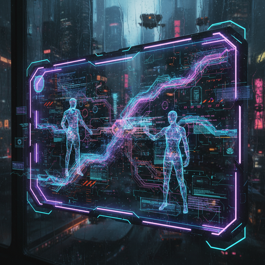 Futuristic AI interface visualizing data streams for using AI for faceless Twitch streams, digital avatars, neon lighting