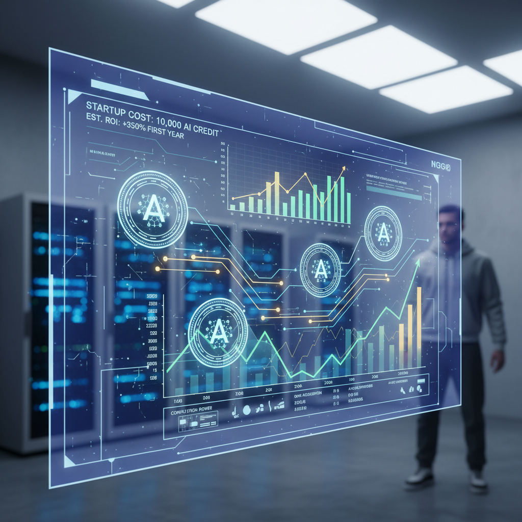 Futuristic AI interface with digital coins and financial graphs, illustrating the cost of starting a faceless AI channel in 2026.