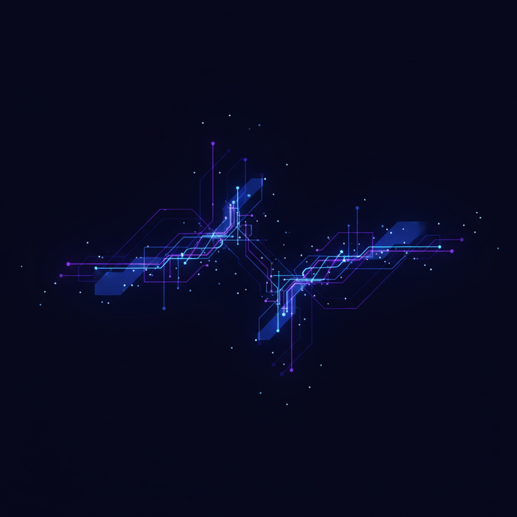 Futuristic AI network visualizing the creation of a faceless media company, with glowing nodes and data streams on a dark background.