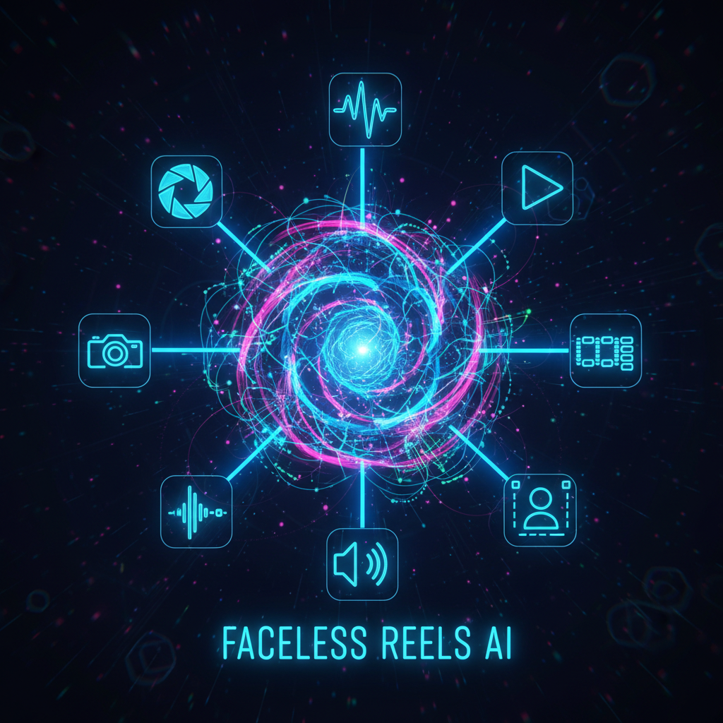 Futuristic AI neural network connecting to creative content icons, illustrating the best AI for creating faceless reels for content creators.