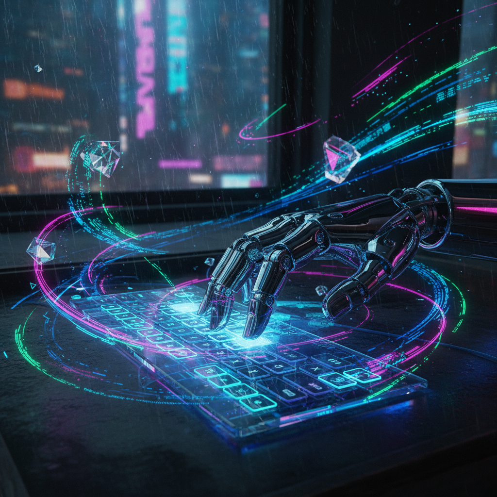 Futuristic AI robot automating a faceless YouTube channel, digital streams, technology, content creation, AI automation.