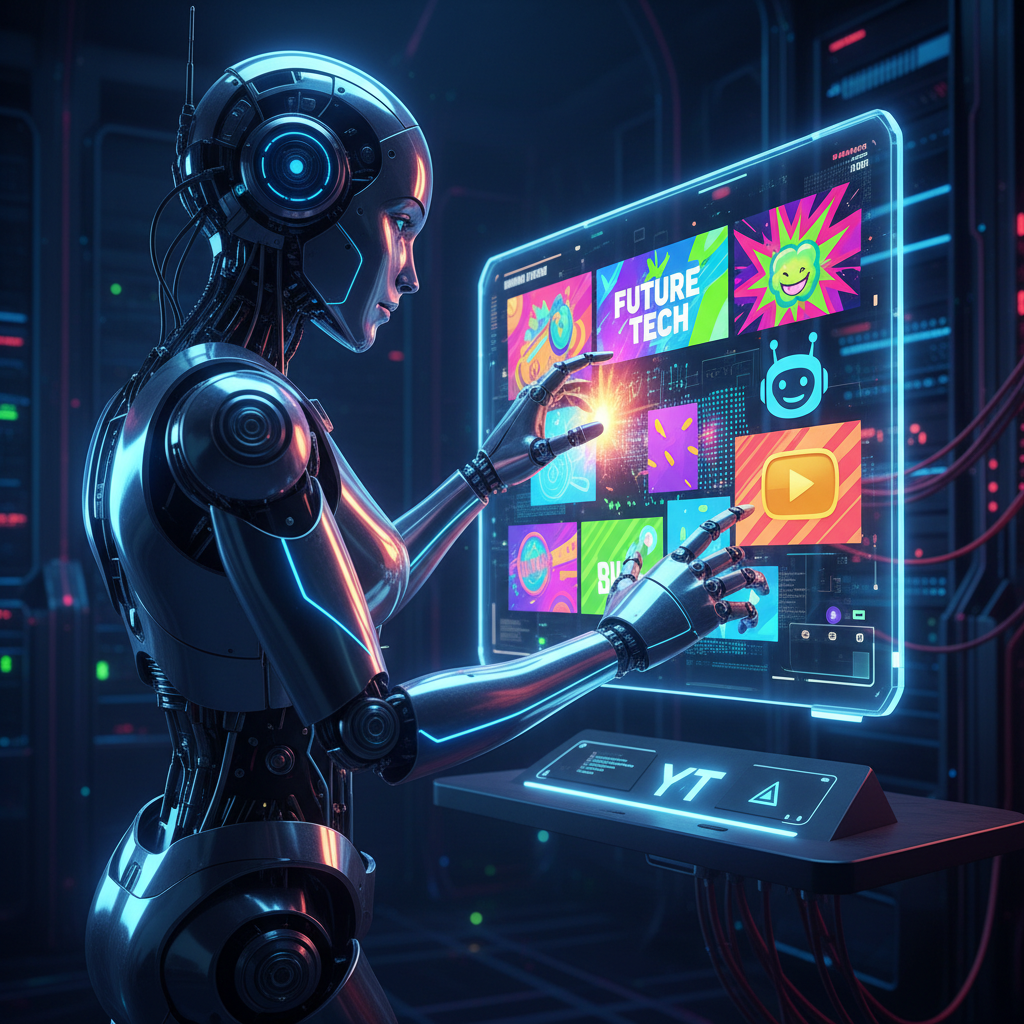 Futuristic AI robot designing engaging YouTube thumbnails on a digital screen, showcasing top AI thumbnail generators for YouTube.
