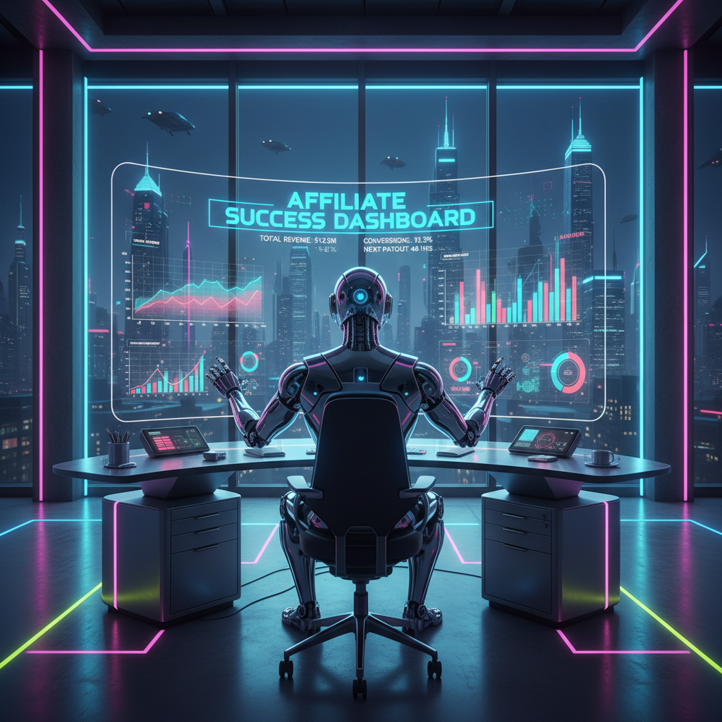 Futuristic AI robot generating affiliate marketing sales charts, representing faceless AI videos for income growth in a digital workspace.