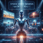 Futuristic AI robot generating diverse stock video clips, showcasing AI stock footage generators in a vibrant, technological setting.