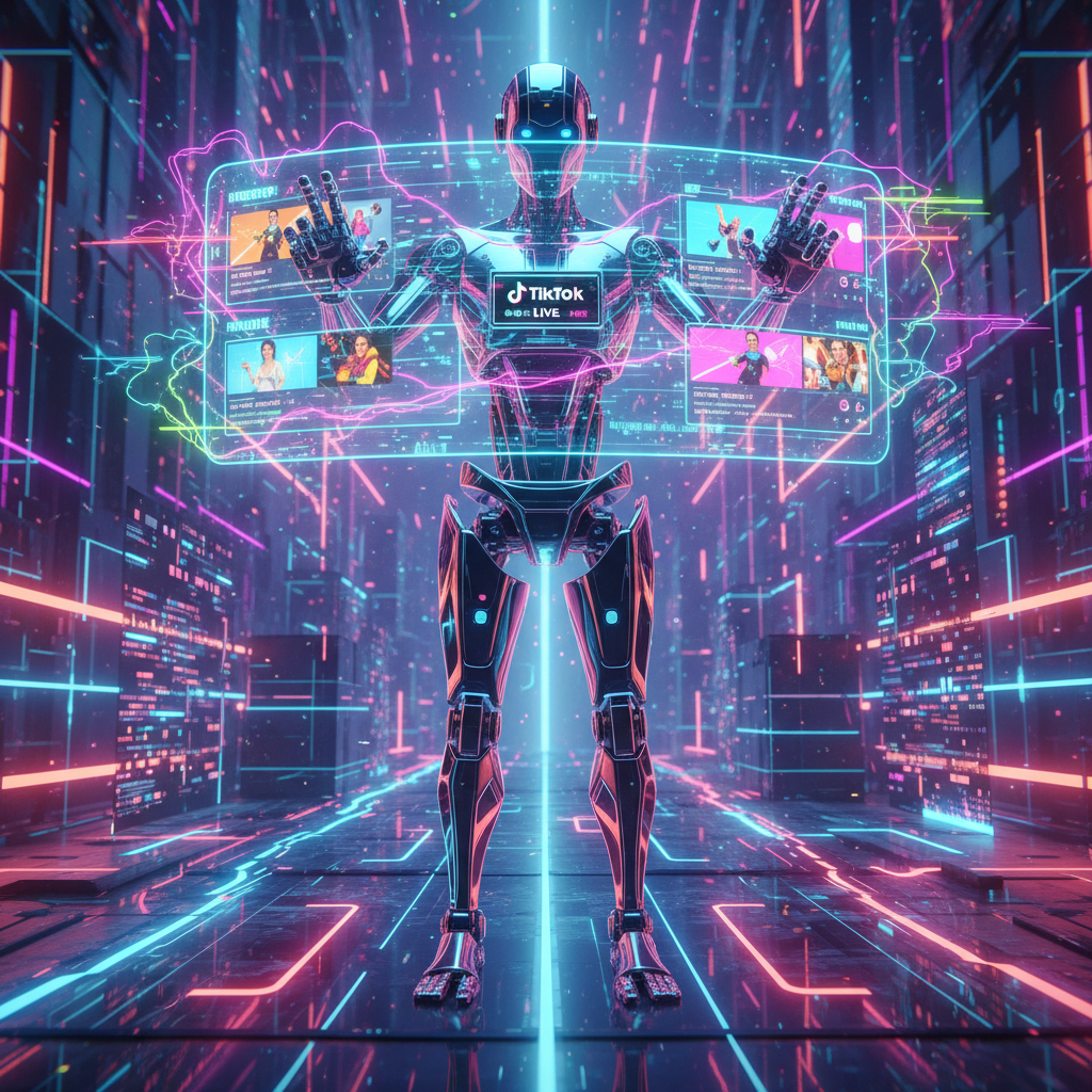 Futuristic AI robot generating dynamic TikTok content with glowing data streams, illustrating AI content for TikTok growth strategy.