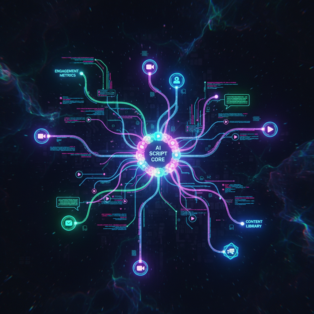 Futuristic AI script generation concept art for YouTube videos, showing interconnected nodes and glowing lines, symbolizing creative content workflow.