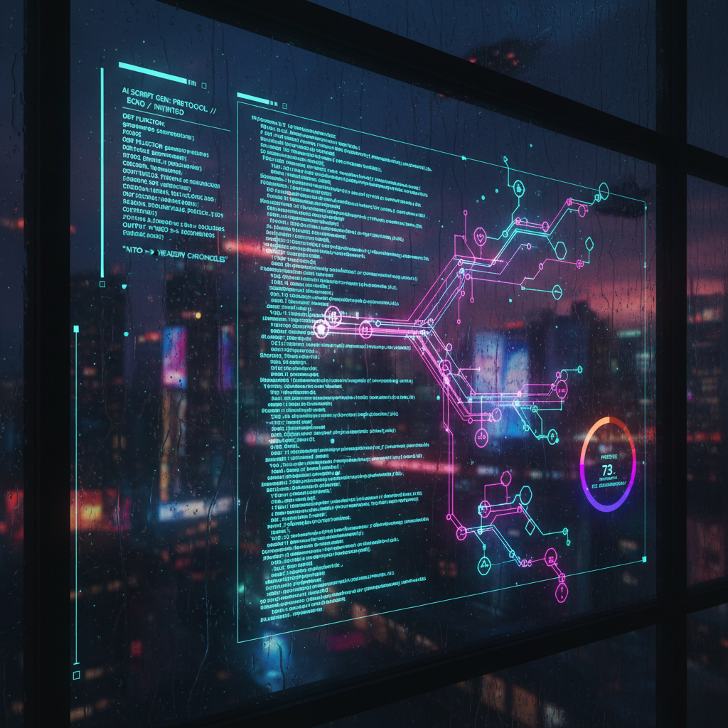 Futuristic AI script writing interface for faceless videos, showcasing interconnected nodes and glowing lines, advanced technology concept.