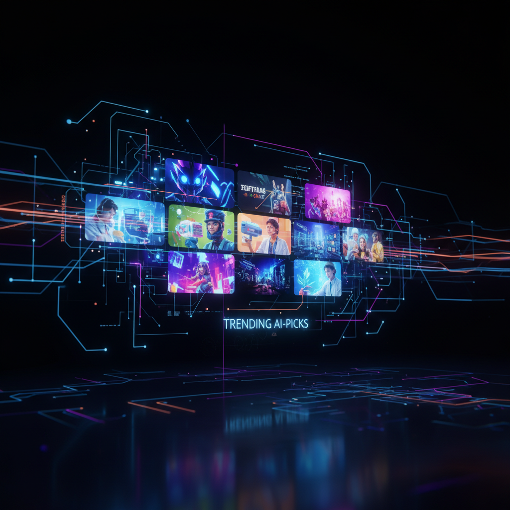 Futuristic AI thumbnail generators creating vibrant YouTube thumbnails with dynamic lighting and abstract tech background.