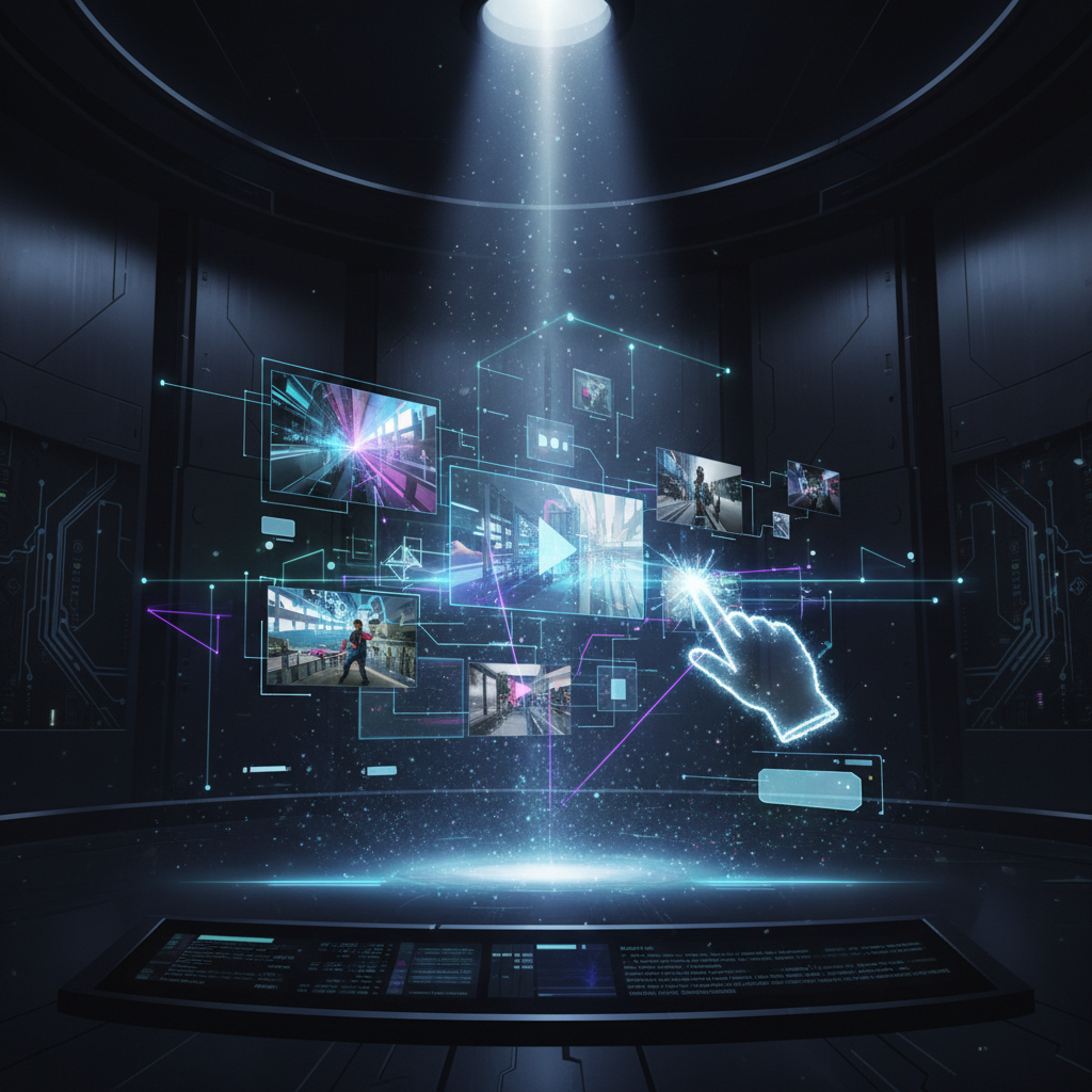 Futuristic AI video editing interface with holographic elements, showcasing top AI productivity tools for creators automating workflow.