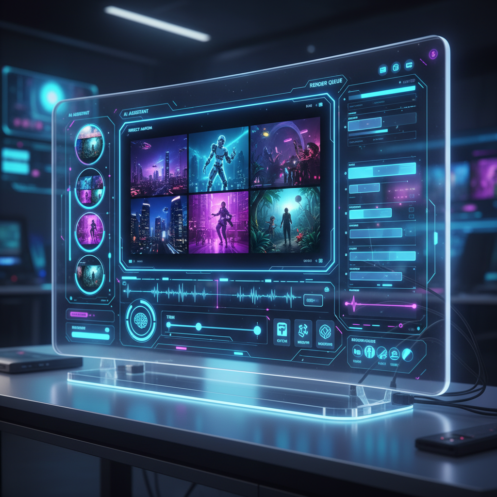 Futuristic AI video editor interface displaying clean video editing tools, highlighting an AI video editor without watermark for seamless content creation. Futuristic AI video editor interface displaying clean video editing tools, highlighting an AI video editor without watermark for seamless content creation.
