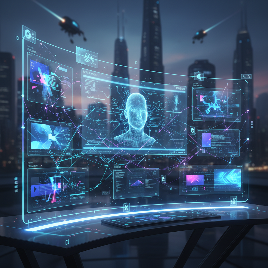 Futuristic AI video editor interface with glowing lines and abstract video clips, no watermark, for top AI video editors.