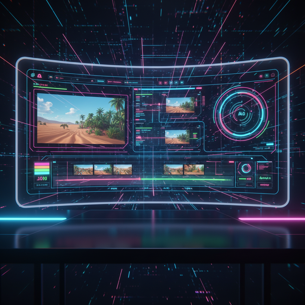 Futuristic AI video editor interface with no watermark, demonstrating advanced editing capabilities for free and paid users. Futuristic AI video editor interface with no watermark, demonstrating advanced editing capabilities for free and paid users.