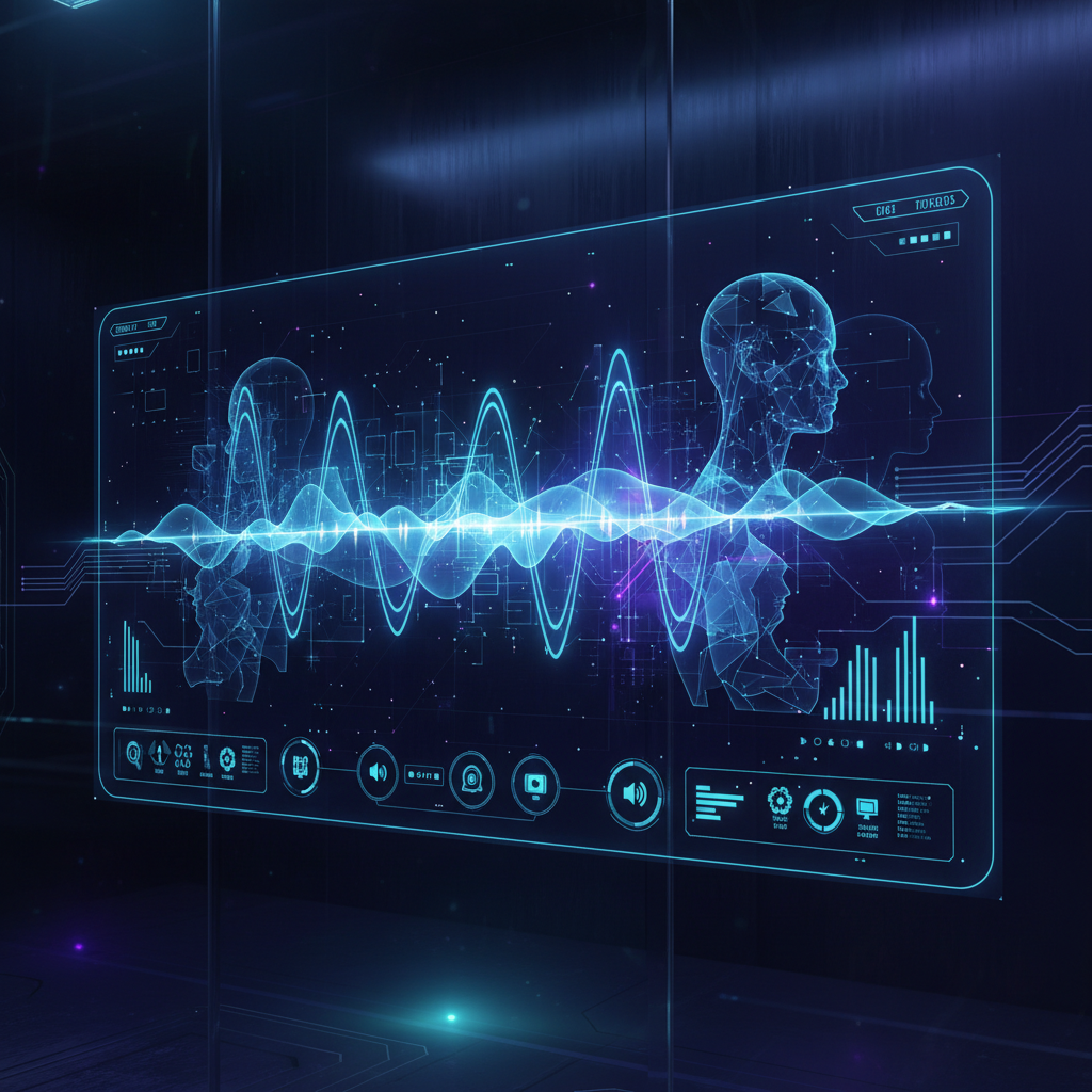 Futuristic AI voice cloning interface with abstract sound waves and digital human profiles, enhancing faceless videos