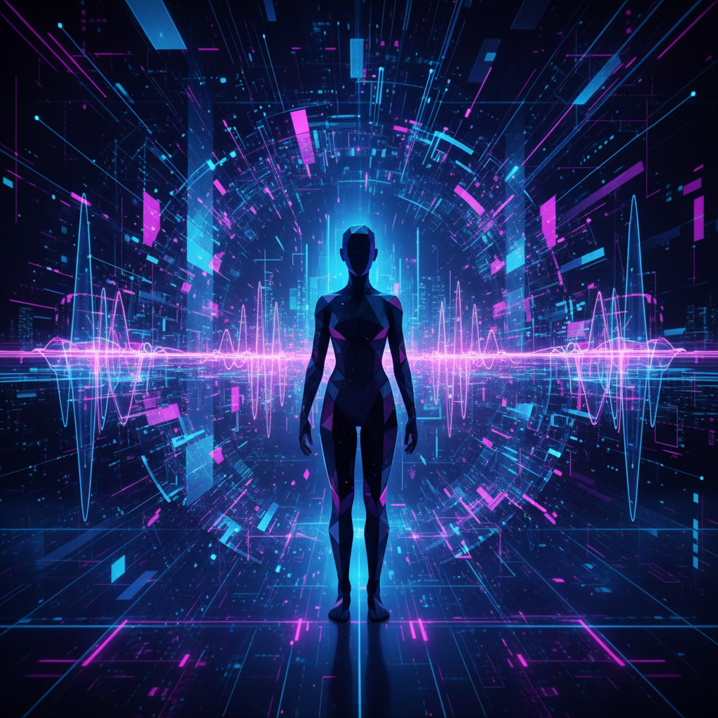 Futuristic AI voice generators creating anonymous content, depicted as abstract soundwaves from a silhouette, for a 2026 review.