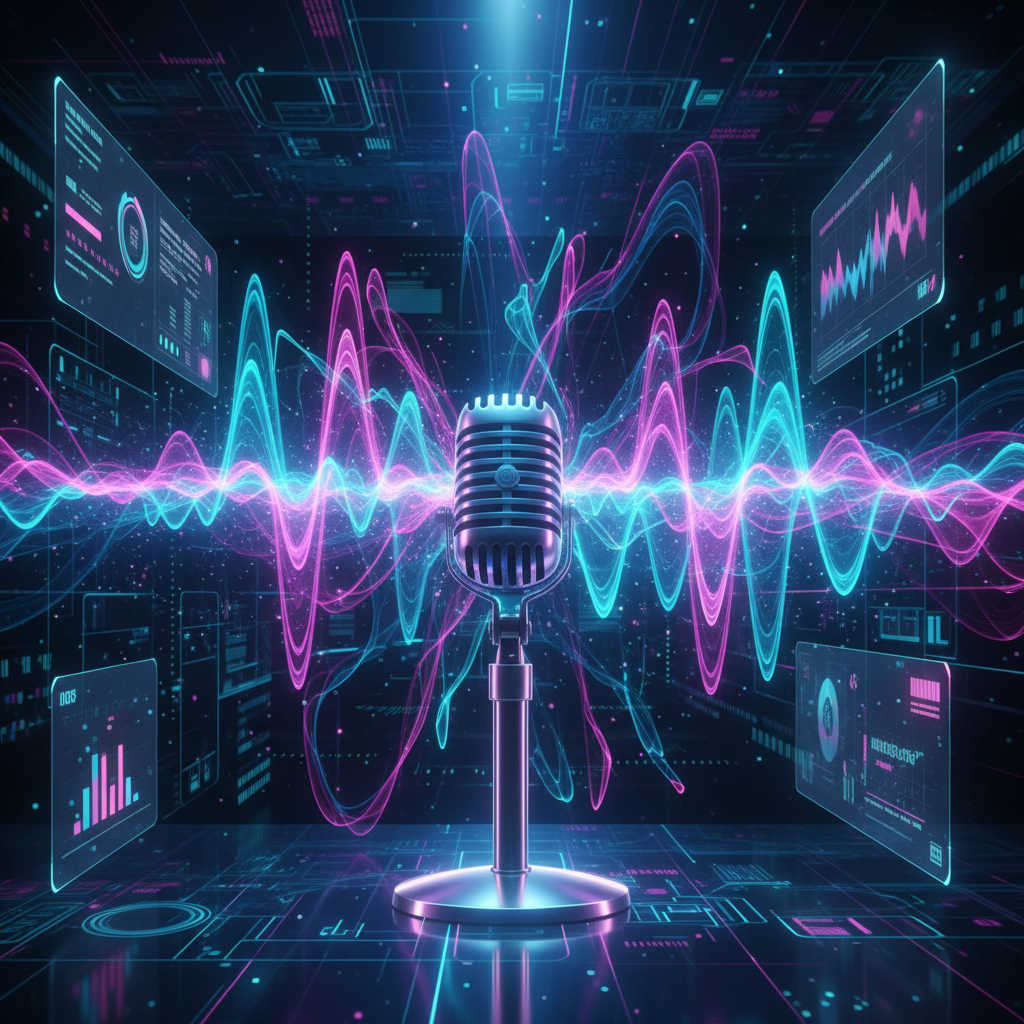 Futuristic AI voiceover concept: abstract soundwaves and digital interface illustrating realistic AI voice generation for faceless channels.