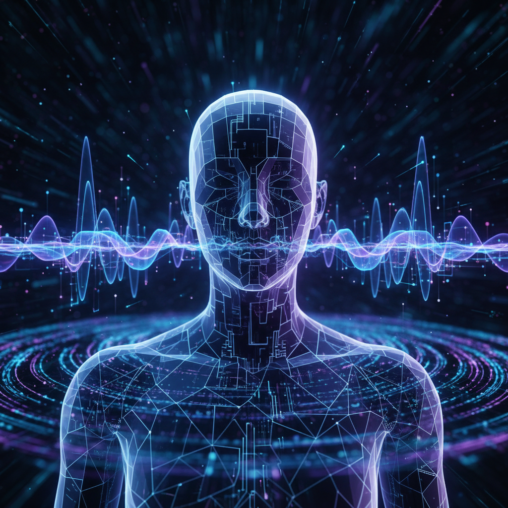 Futuristic AI voiceover for faceless channels visualized as glowing digital soundwaves emanating from a silhouette, symbolizing advanced technology.