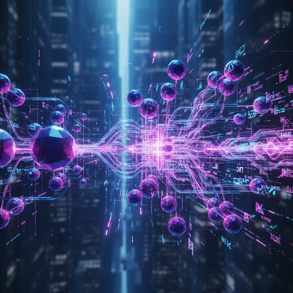 Futuristic AI workflow for faceless content creation, visualizing automated content generation pipeline with glowing interconnected nodes and circuits.