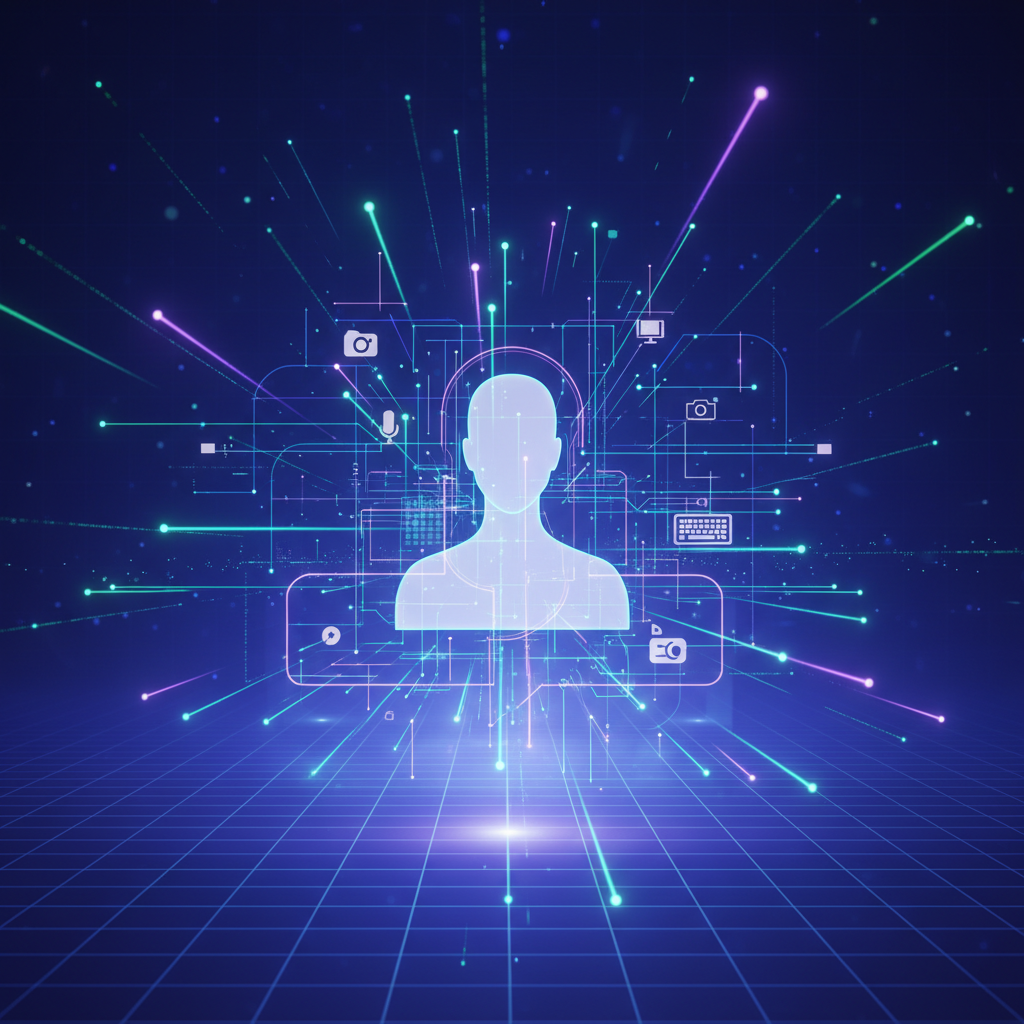 Futuristic AI workflow visualization for faceless content creation, showcasing glowing data streams and digital network in a clean, abstract design.