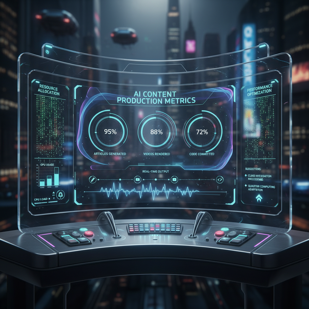 Futuristic dashboard illustrating measurable gains in AI content production workflow, with glowing data streams and sleek interface.