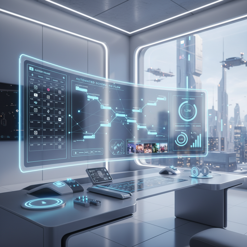 Futuristic dashboard showcasing AI content scheduling and analytics for creators, highlighting best AI productivity tools for creators in 2026.