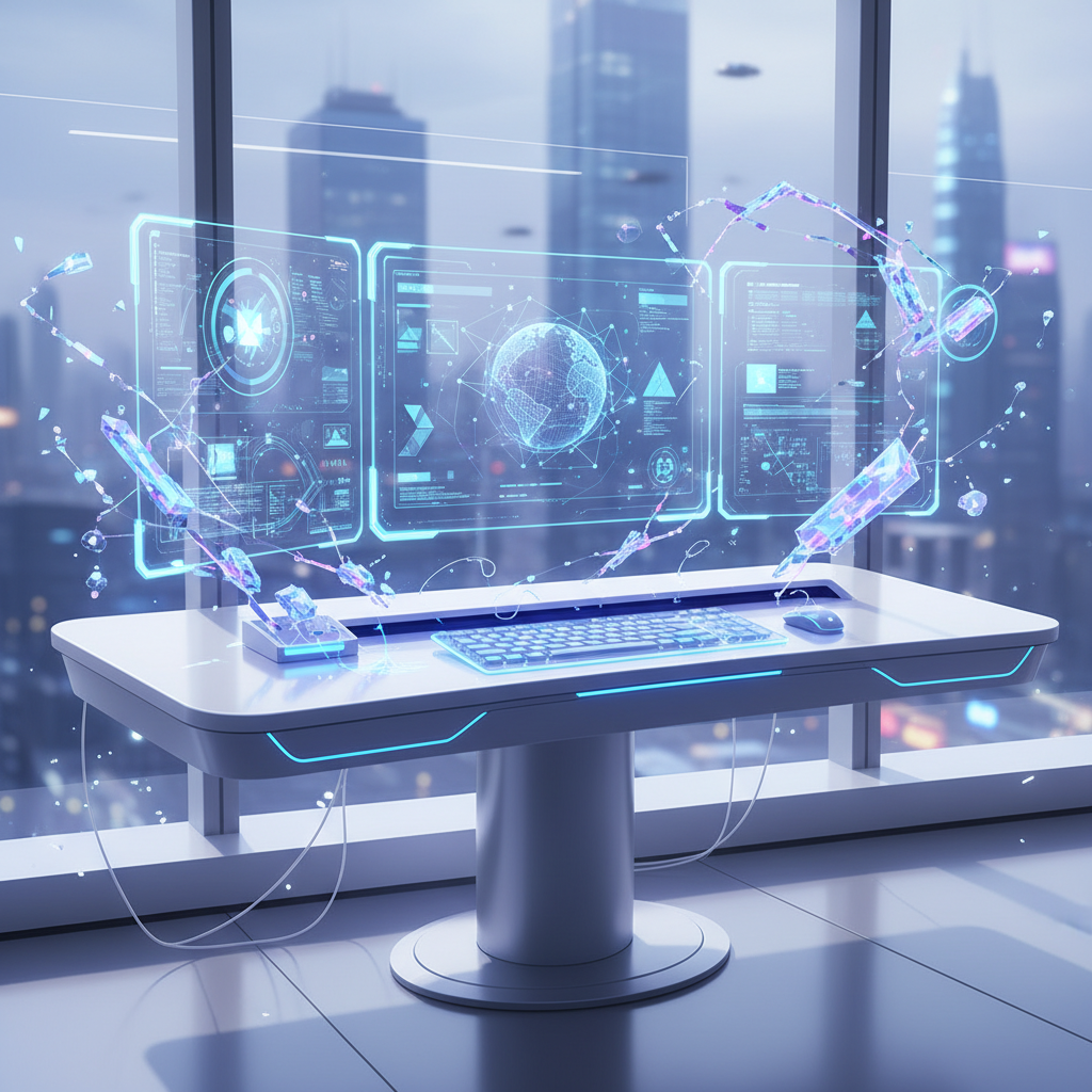 Futuristic desk setup illustrating faceless tech review channel ideas with holographic displays and abstract tech elements Futuristic desk setup illustrating faceless tech review channel ideas with holographic displays and abstract tech elements