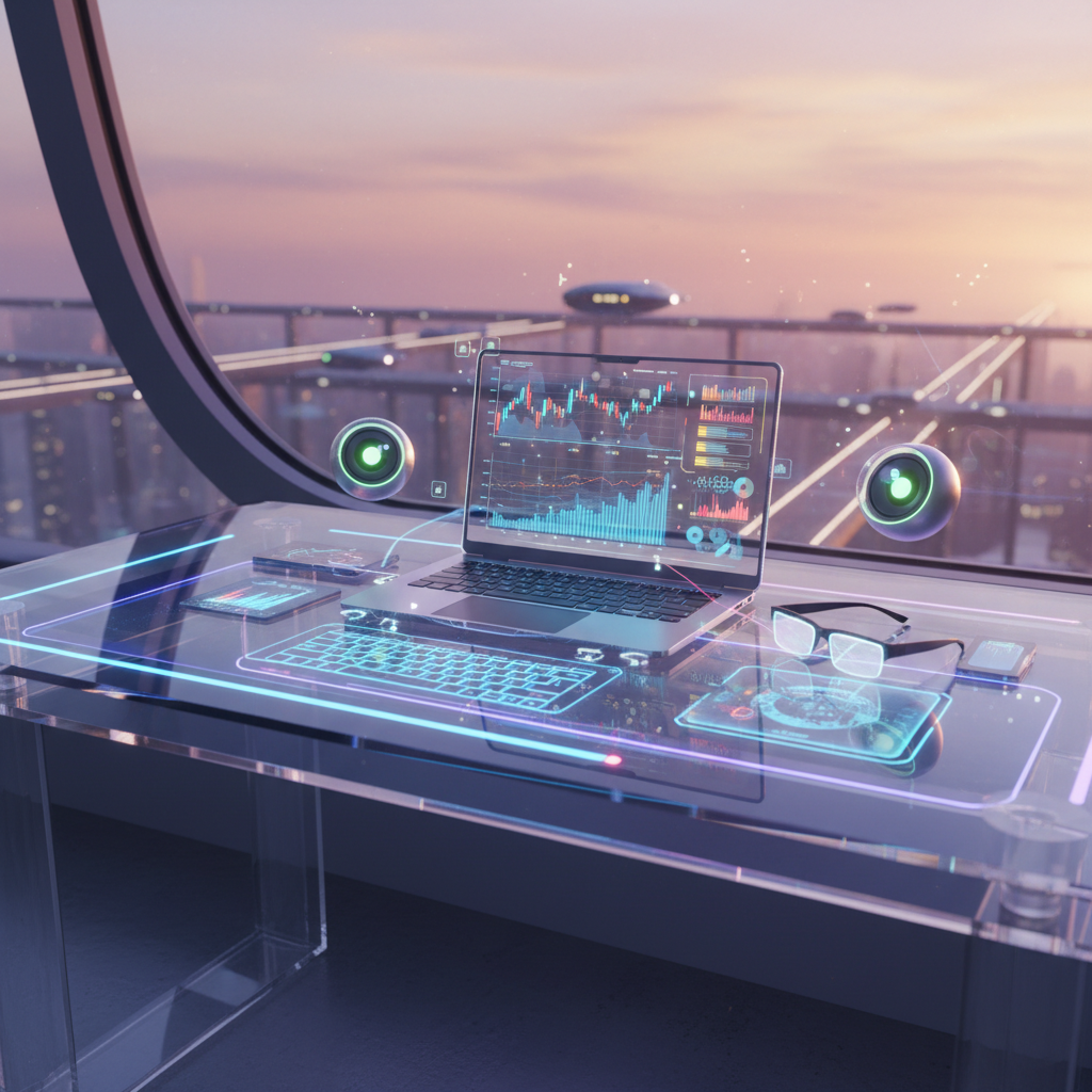 Futuristic desk with glowing tech gadgets and laptop displaying financial charts, illustrating faceless tech review channel ideas for earning potential. Futuristic desk with glowing tech gadgets and laptop displaying financial charts, illustrating faceless tech review channel ideas for earning potential.