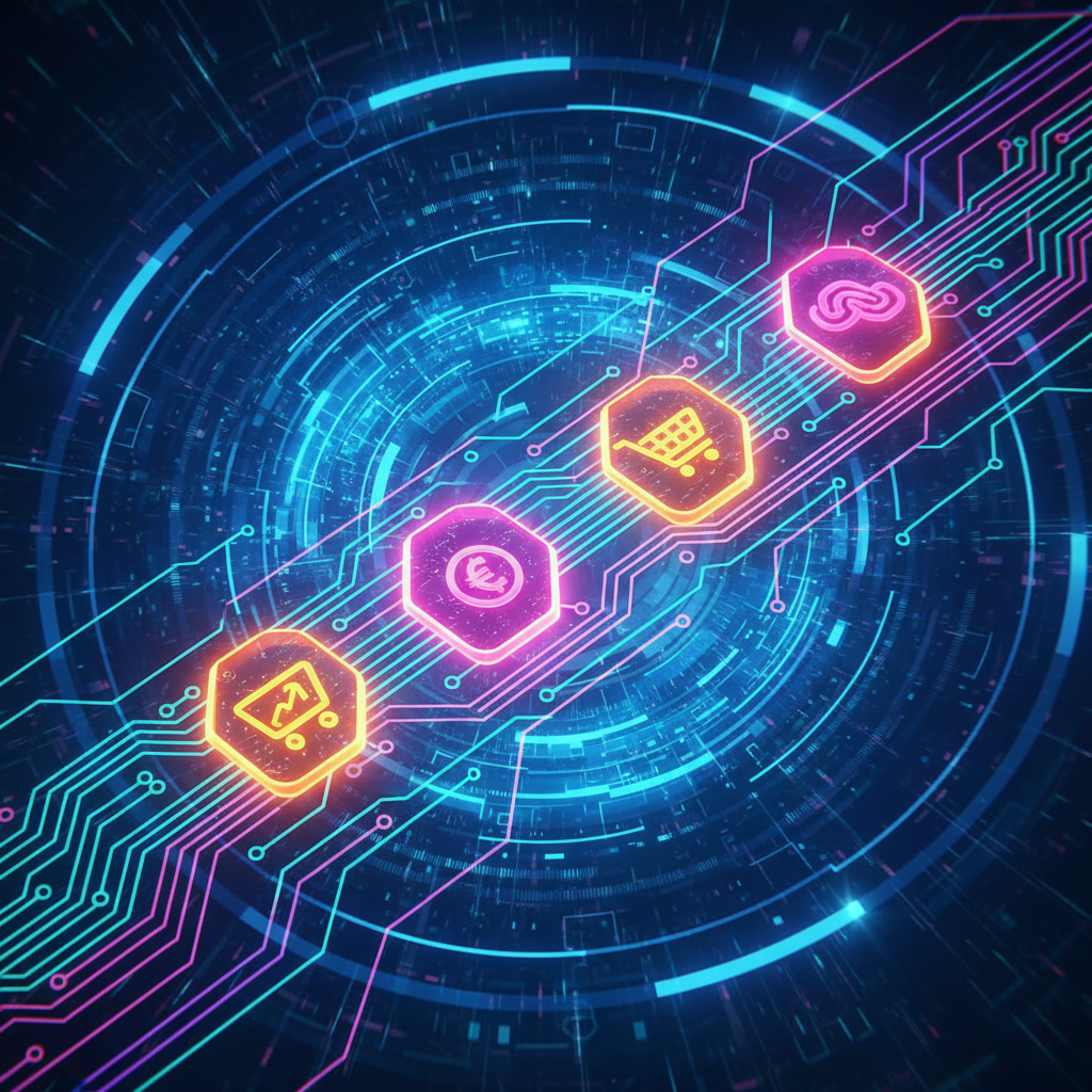 Futuristic digital art illustrating affiliate marketing with AI, showcasing glowing icons and circuits in a vibrant, high-tech setting.