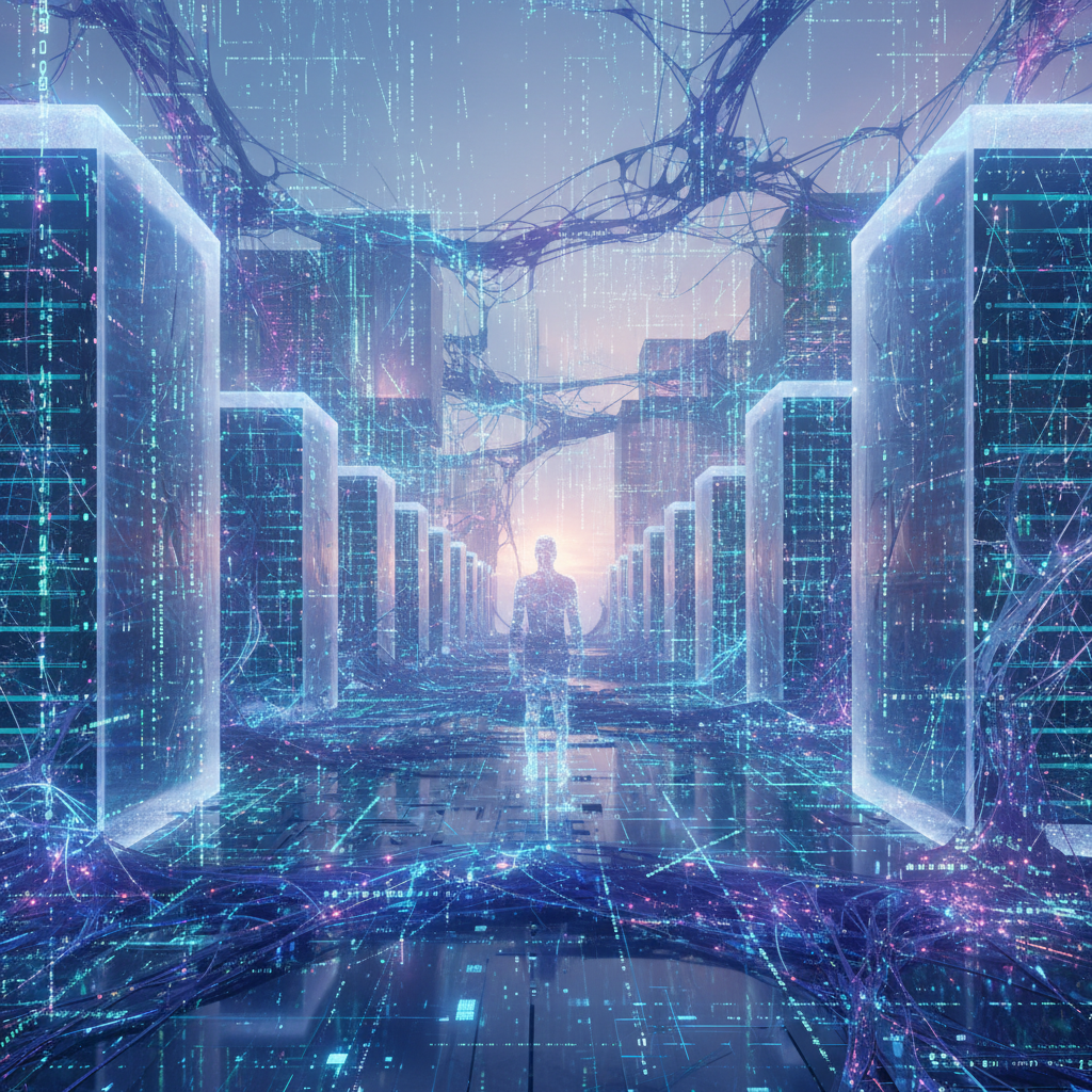 Futuristic digital art illustrating faceless storytelling with AI, featuring abstract neural networks and data streams in a glowing landscape.