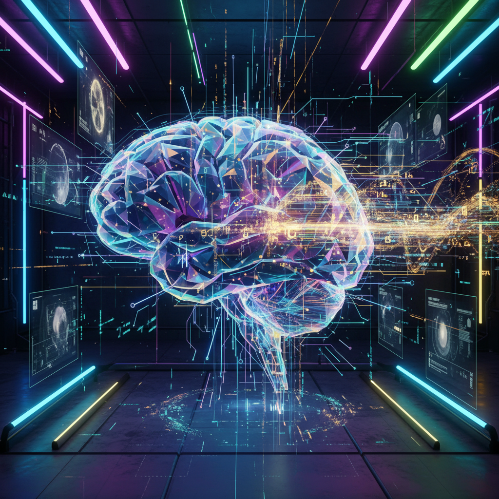 Futuristic digital art illustrating using ChatGPT for faceless content scripts, with a glowing brain and abstract neural network connections.