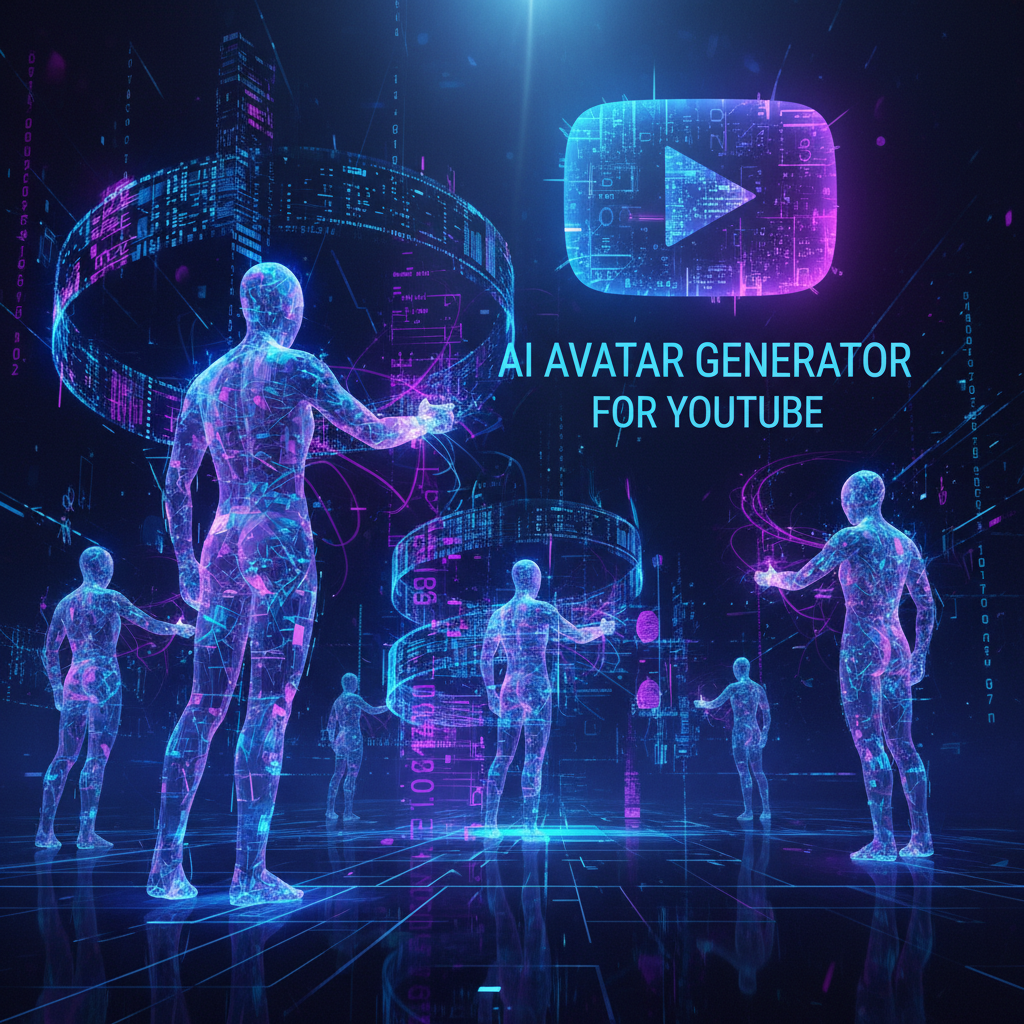Futuristic digital avatars interacting with glowing code streams, showcasing advanced AI avatar generators for YouTube in a vibrant digital art style.