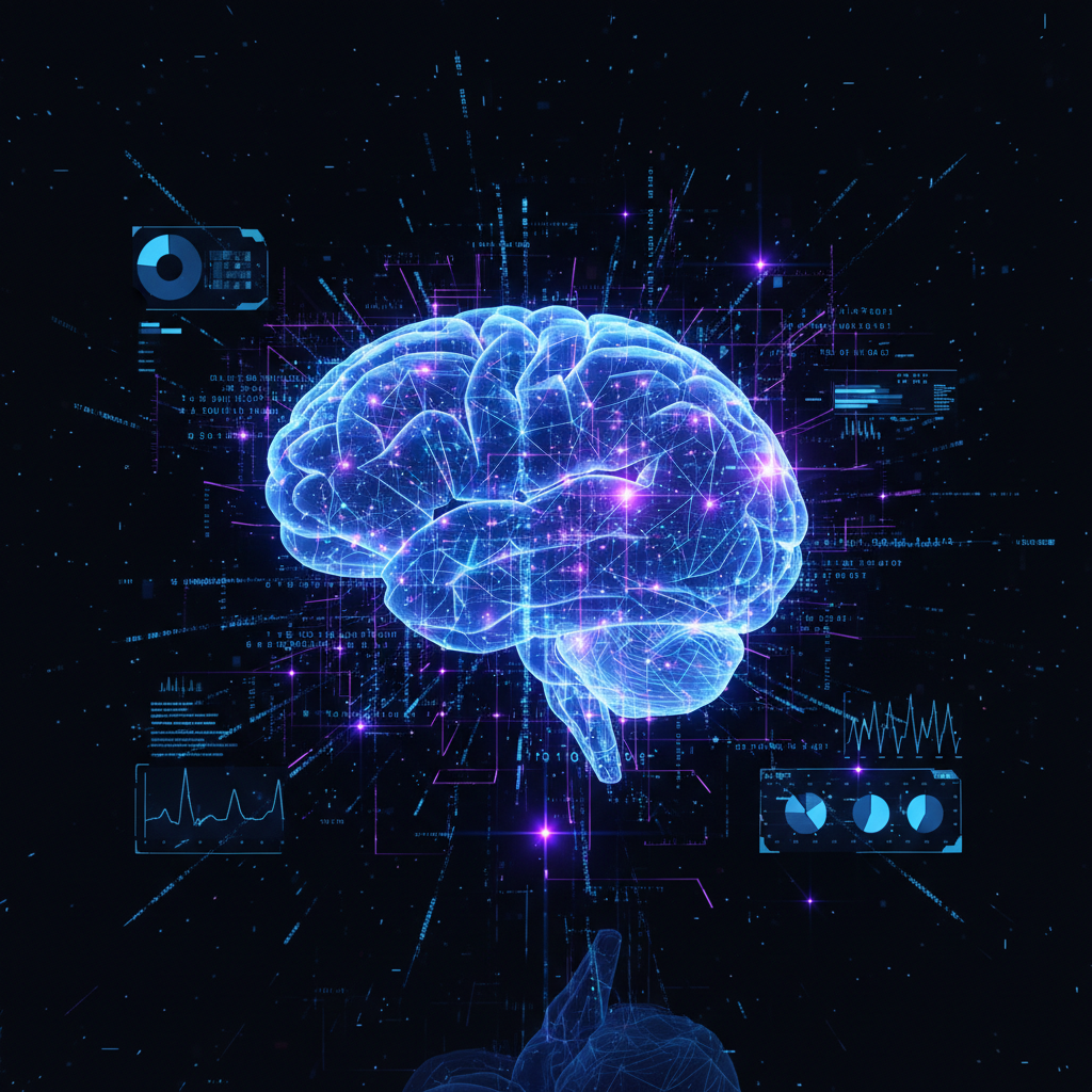 Futuristic digital brain processing data streams, illustrating AI-generated courses without showing face opportunity. Futuristic digital brain processing data streams, illustrating AI-generated courses without showing face opportunity.
