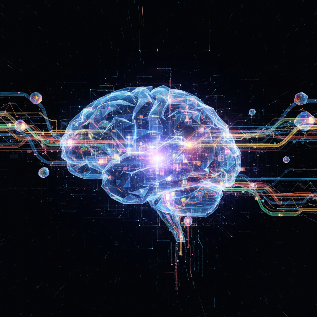 Futuristic digital brain processing vibrant data streams, illustrating natural language processing for content ideas that go viral in 2026.