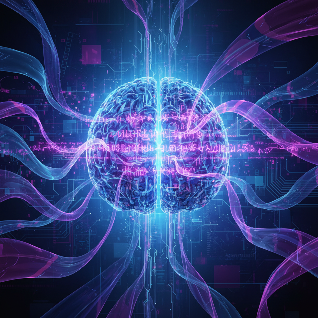 Futuristic digital brain with glowing script and data streams, illustrating top AI script writers for video content.