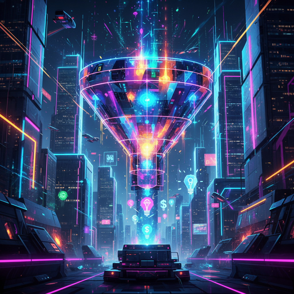 Futuristic digital funnel with AI nodes generating leads, illustrating AI content for lead generation in 2026.