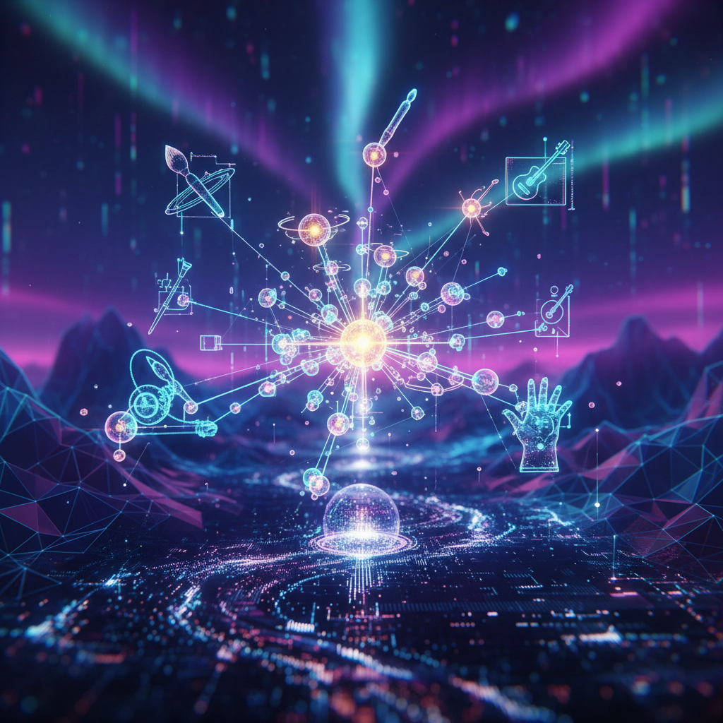 Futuristic digital landscape illustrating AI assisting creators with interconnected nodes, showcasing best AI productivity tools for creators.