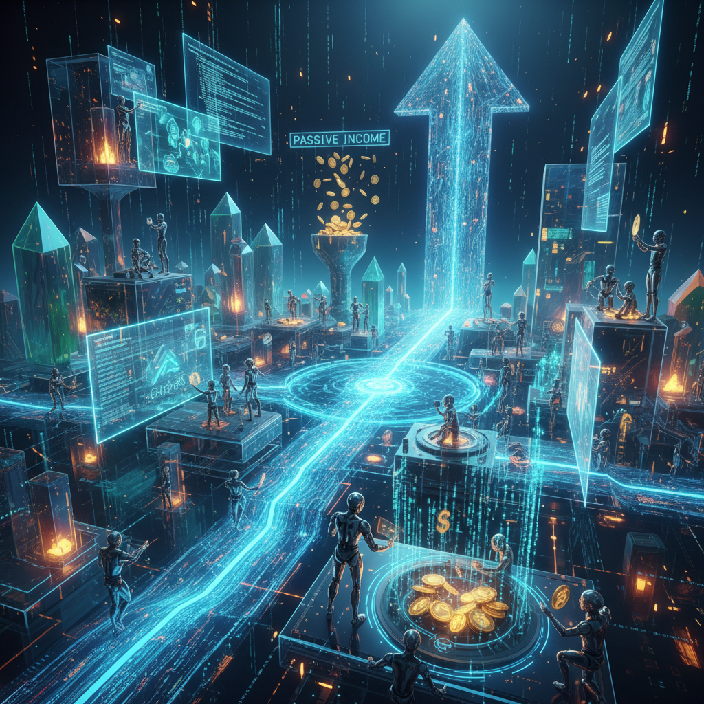 Futuristic digital landscape illustrating passive income with AI content automation, showing glowing data streams and AI bots creating content.