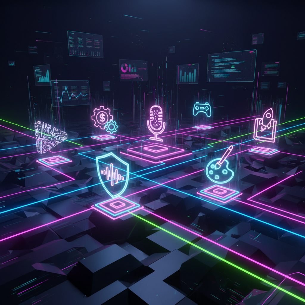 Futuristic digital landscape illustrating successful faceless YouTube channels, connecting diverse content icons with glowing data streams.