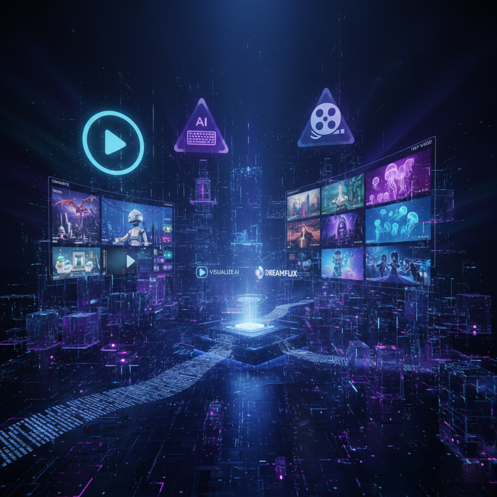 Futuristic digital landscape showcasing best AI text-to-video tools, with glowing icons and video streams, representing advanced technology for content creation.
