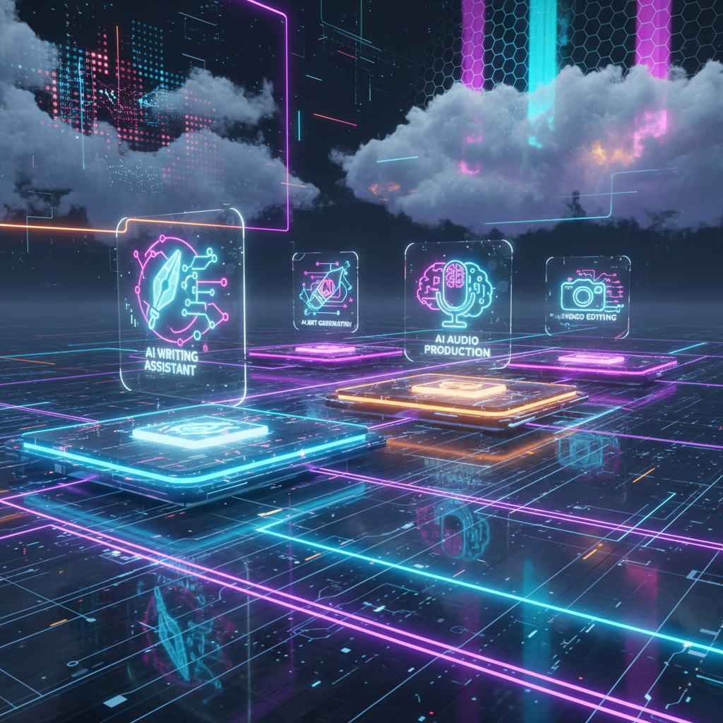 Futuristic digital landscape with glowing AI icons representing advanced AI tools for content creation in a sleek sci-fi art style.
