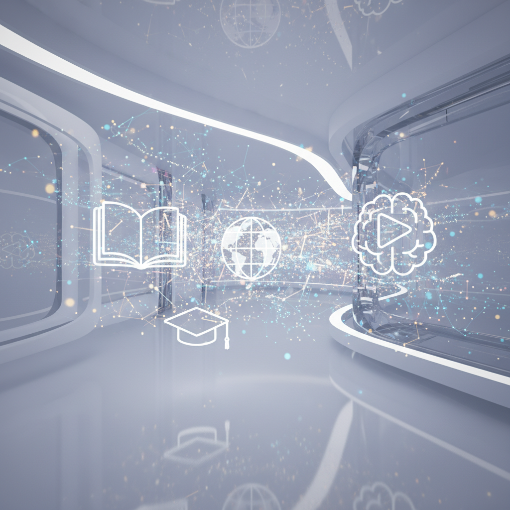 Futuristic digital learning concept showcasing faceless content creation for educational channels with abstract data streams.