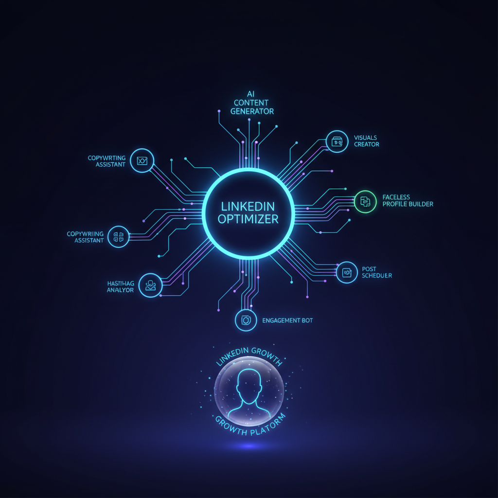 Futuristic digital network illustrating AI tools for faceless LinkedIn content, showcasing abstract connections and data flow.