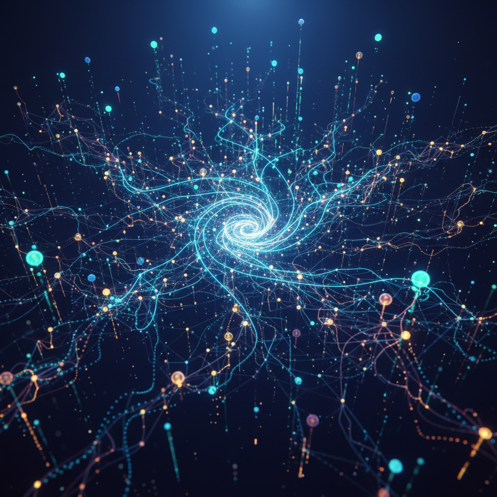 Futuristic digital network illustrating faceless content business model, showing automated empire growth and interconnected content creation.