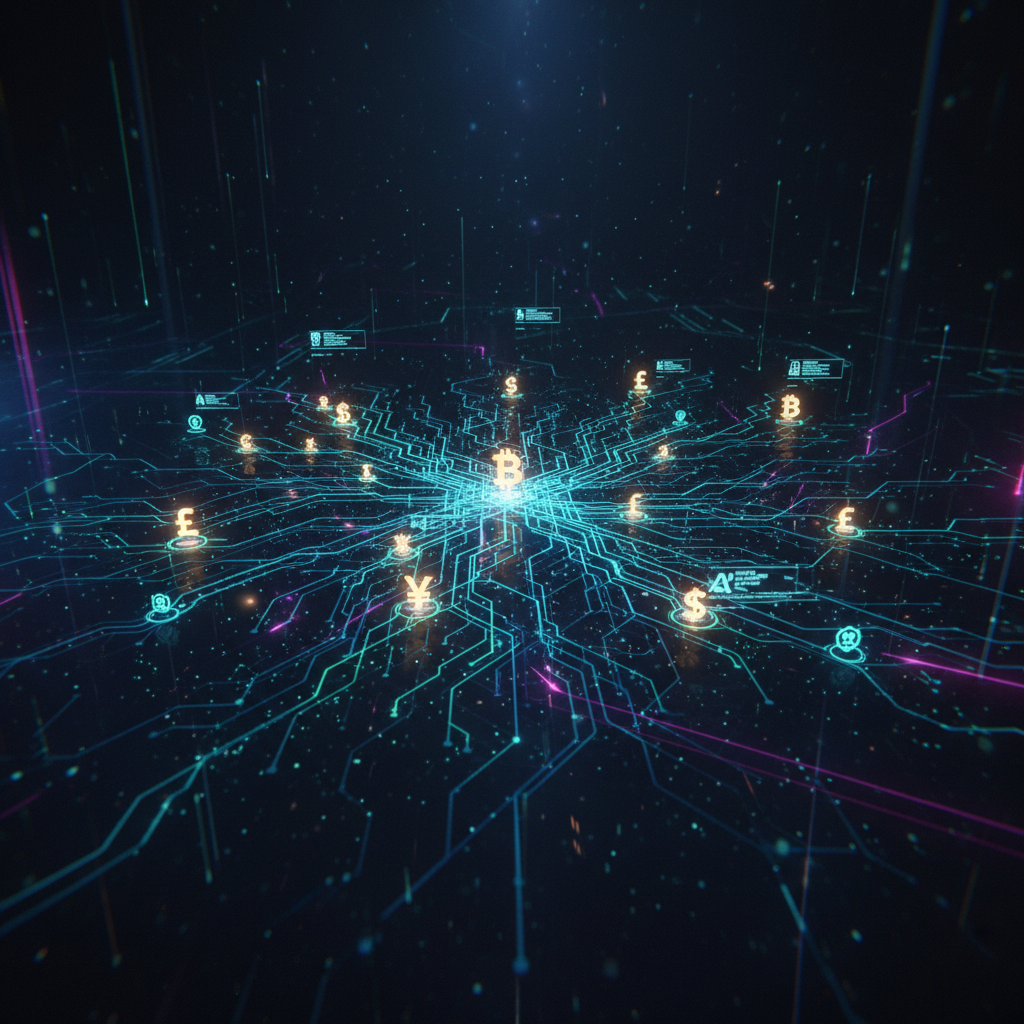 Futuristic digital network illustrating profitable faceless niches for AI content, glowing with currency symbols, high-tech business concept.